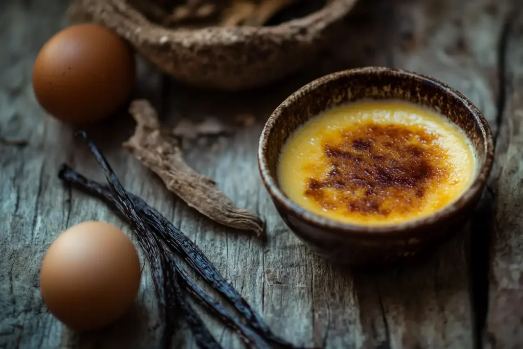 Close-up of a classic crème brûlée in a rustic ramekin, surrounded by fresh vanilla pods and eggs on a wooden table.