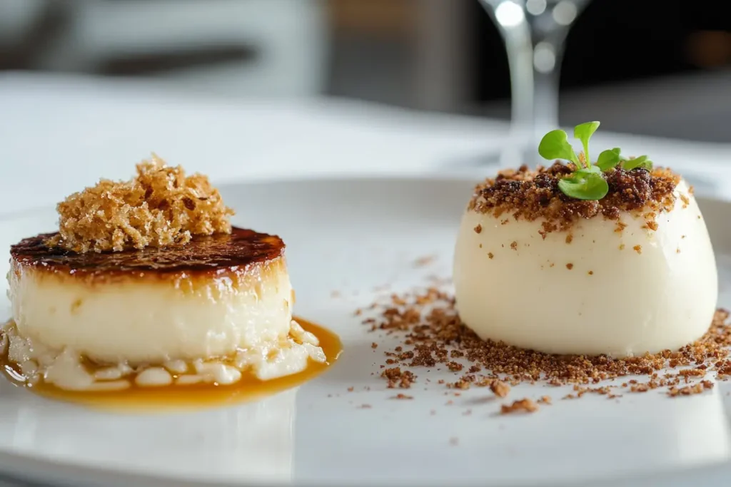 Two elegant custard-based desserts plated side by side: crème brûlée with a caramelized sugar crust and flan topped with crumbs and garnished with fresh microgreens.