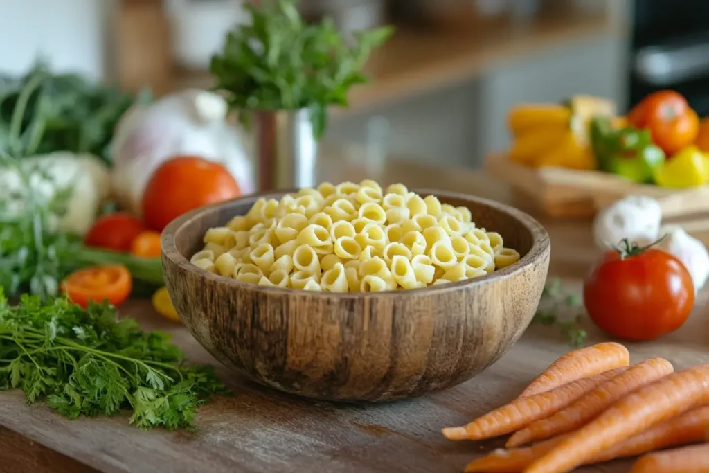 A rustic wooden bowl filled with ditalini pasta, surrounded by fresh vegetables like tomatoes, carrots, and parsley on a wooden kitchen counter.