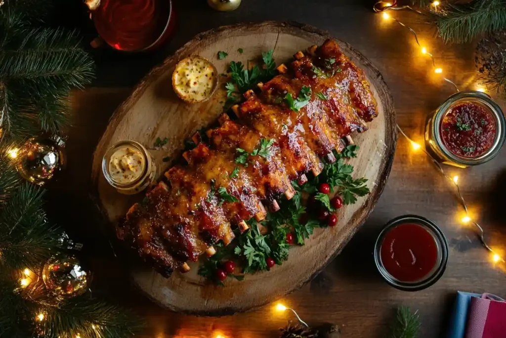 A festive platter of glazed barbecue ribs garnished with parsley and cranberries, served with dipping sauces on a wooden board.