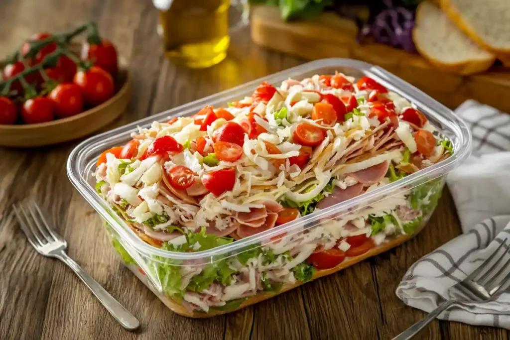 A fresh and colorful Sub in a Tub at Jersey Mike’s, featuring layers of deli meats, cheese, lettuce, tomatoes, and onions in a plastic container.