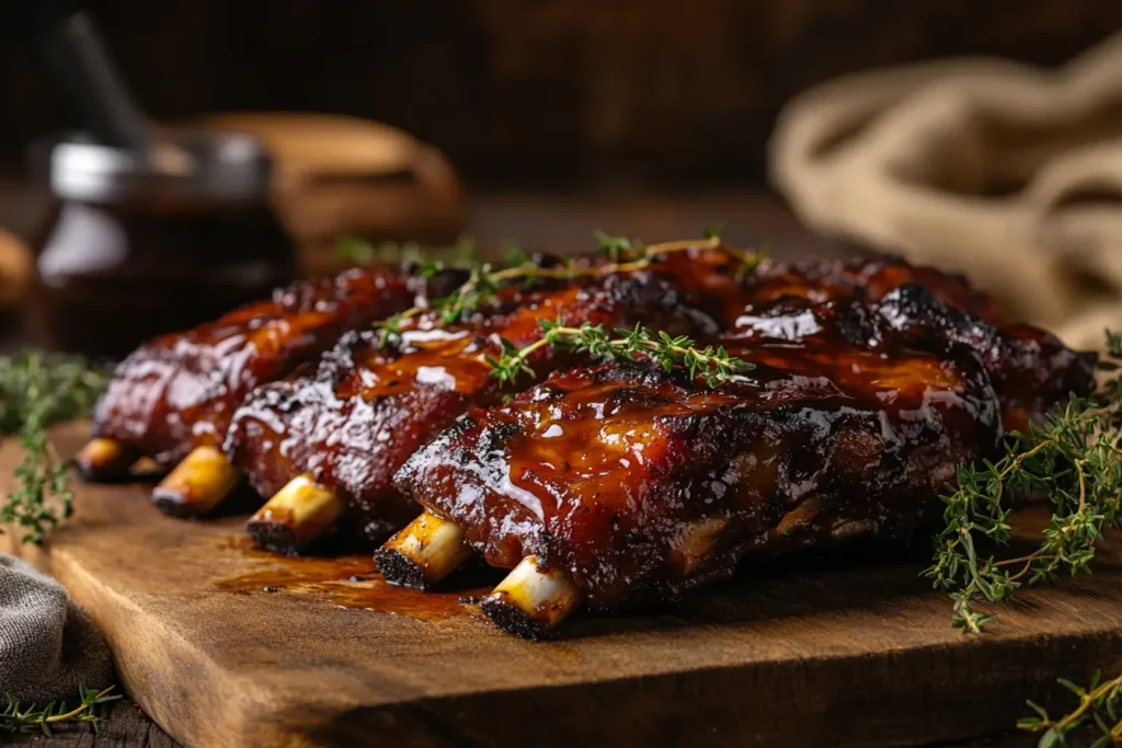 What is the 3/2:1 rule for ribs? A mouthwatering rack of ribs smoked using the 3-2-1 method, glazed with barbecue sauce, and served on a wooden board.