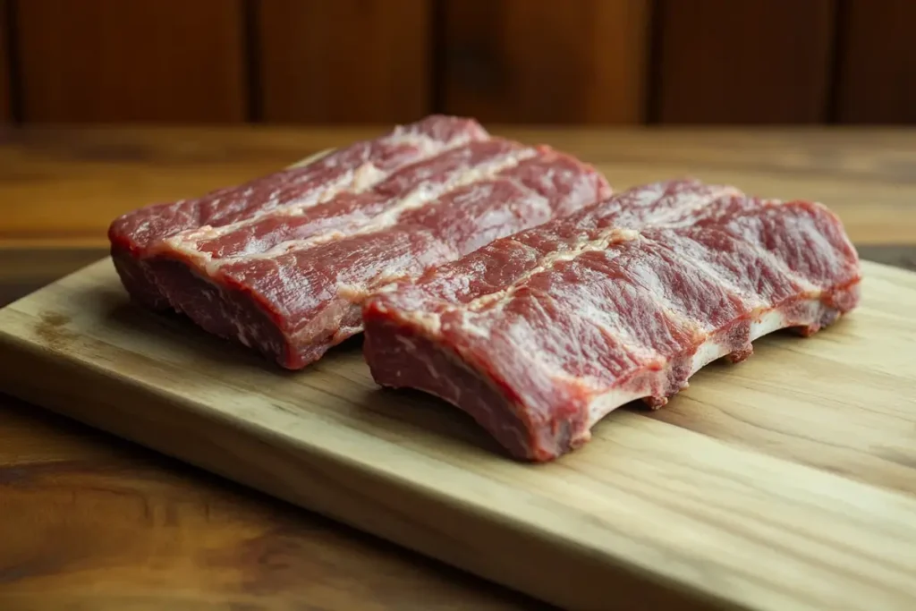 Two slabs of raw beef ribs placed on a wooden cutting board