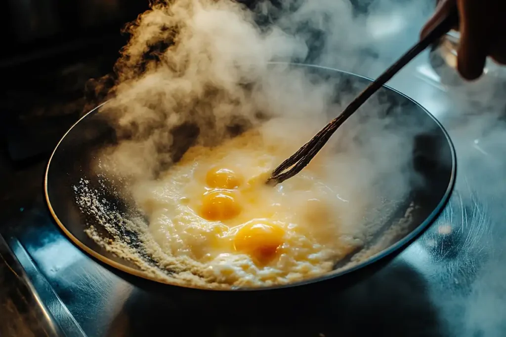 Whisking egg yolks and cream in a steaming pan, showcasing the initial steps of preparing crème brûlée custard.