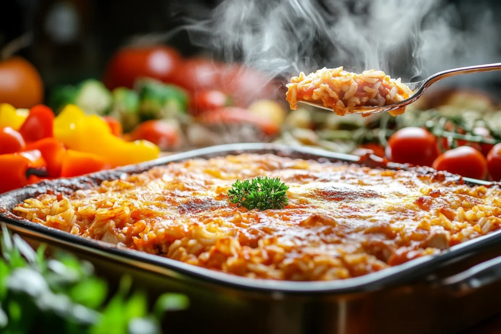 Steaming hot tomato-based chicken and rice dish in a casserole, garnished with fresh parsley, with colorful bell peppers and cherry tomatoes in the background