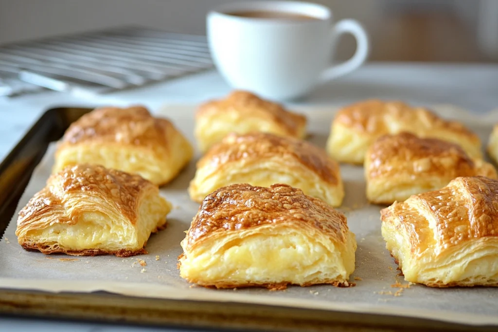 A baking sheet lined with parchment paper showing golden-brown crookies fresh out of the oven. The croissant layers are puffed and flaky, with some cookie dough peeking out from the sides. In the background, a wire cooling rack and a cup of steaming coffee complete the scene, highlighting the final baked crookie.