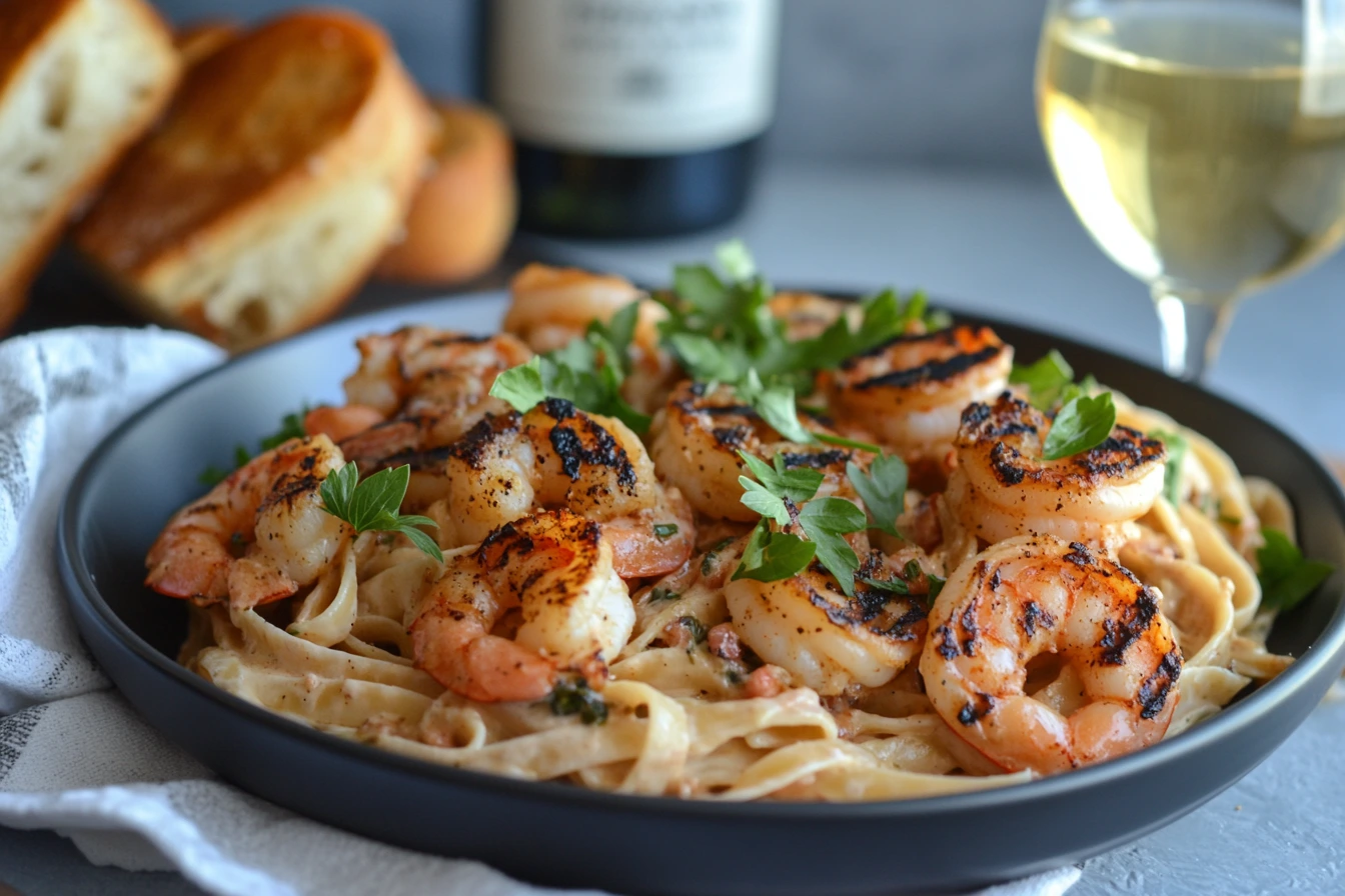 A beautifully plated Cajun Alfredo pasta dish, with fettuccine coated in creamy sauce, topped with grilled shrimp and garnished with parsley. A side of garlic bread and a glass of white wine are in the background.