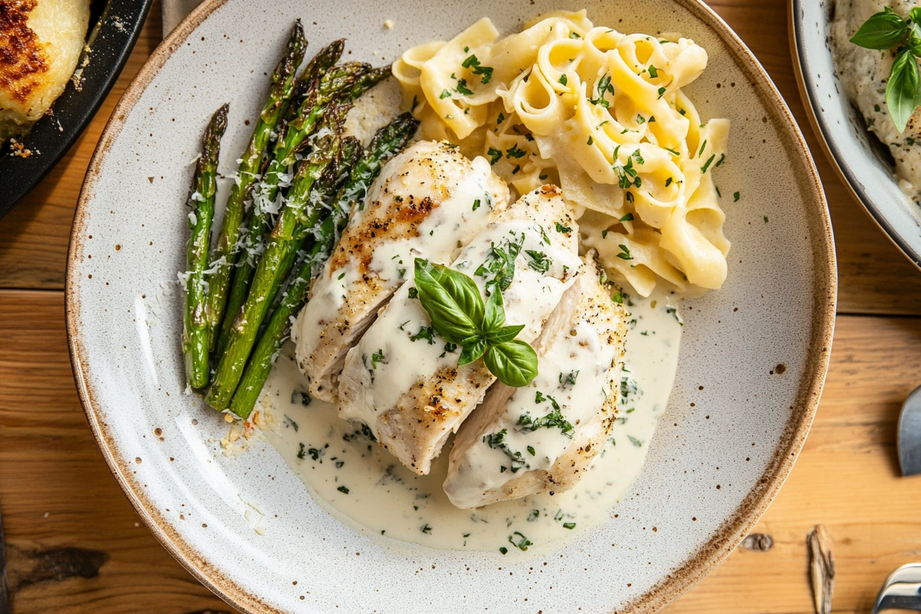 A beautifully plated Marry Me Chicken dish on a rustic white plate, with creamy sauce drizzled over the chicken, garnished with fresh basil and Parmesan. The plate is accompanied by sides of pasta and roasted asparagus, set on a wooden table with soft natural lighting for a romantic dinner setting.