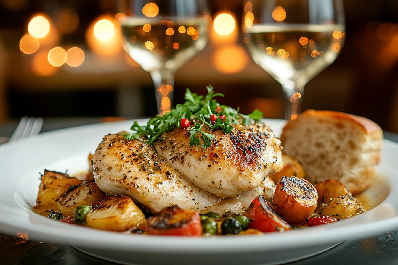 A beautifully plated Marry Me Chicken dish served on a white plate, garnished with fresh parsley and paired with roasted vegetables and garlic bread, set on a table with romantic dim lighting and wine glasses in the background.