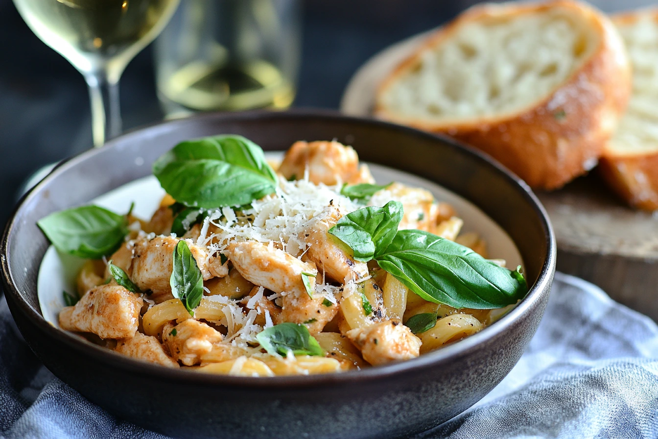 A beautifully plated dish of Marry Me Chicken Pasta, garnished with fresh basil leaves, Parmesan shavings, and served alongside a slice of garlic bread on a rustic white plate with a glass of white wine in the background.