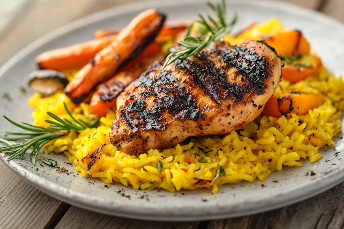 A beautifully plated dish of yellow rice paired with grilled chicken and roasted vegetables, served on a rustic wooden table with natural light highlighting the golden tones of the rice and the charred texture of the chicken.