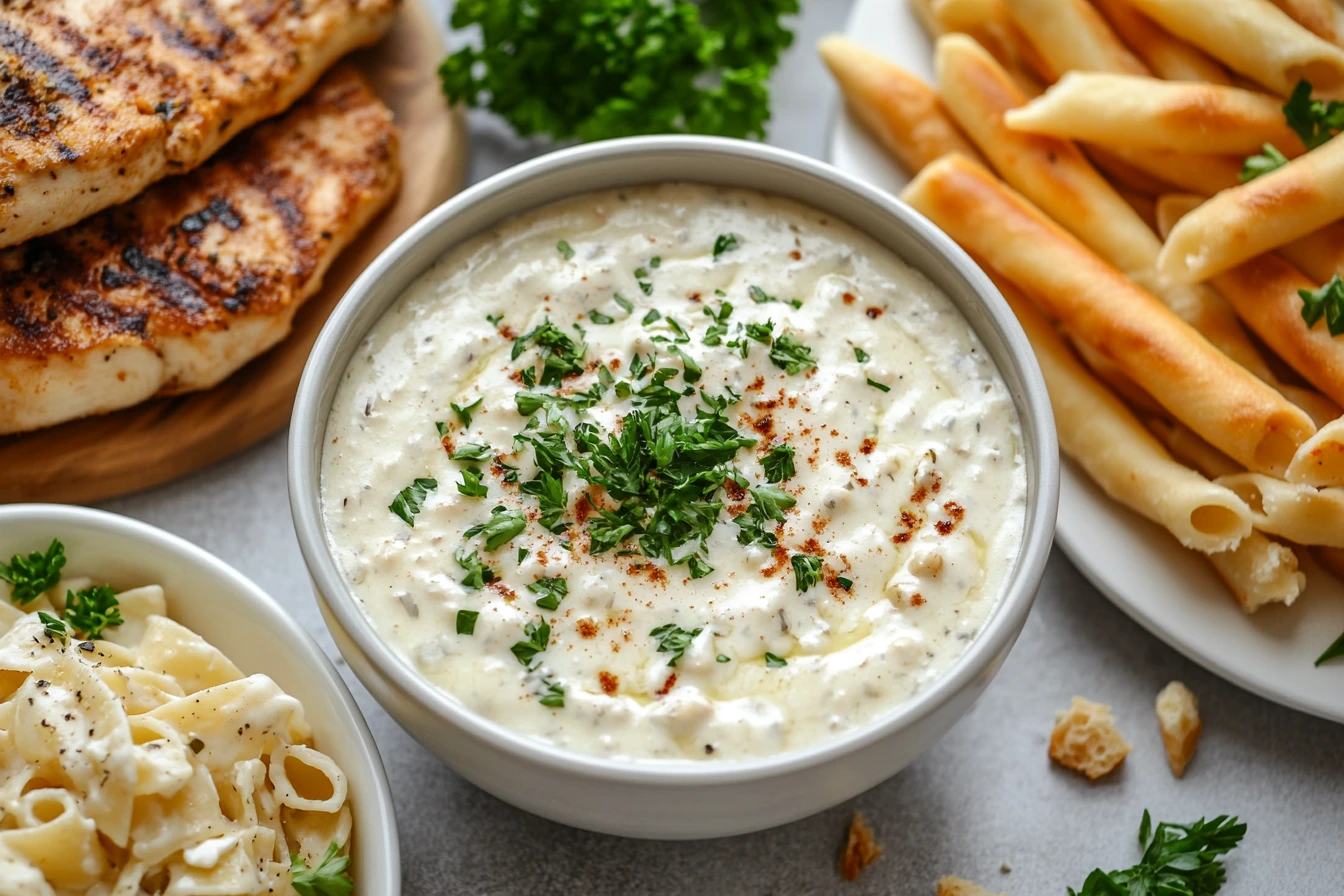 A bowl of creamy garlic Parmesan sauce garnished with chopped parsley, surrounded by fresh breadsticks, grilled chicken, and a plate of pasta, styled in an inviting kitchen setting.