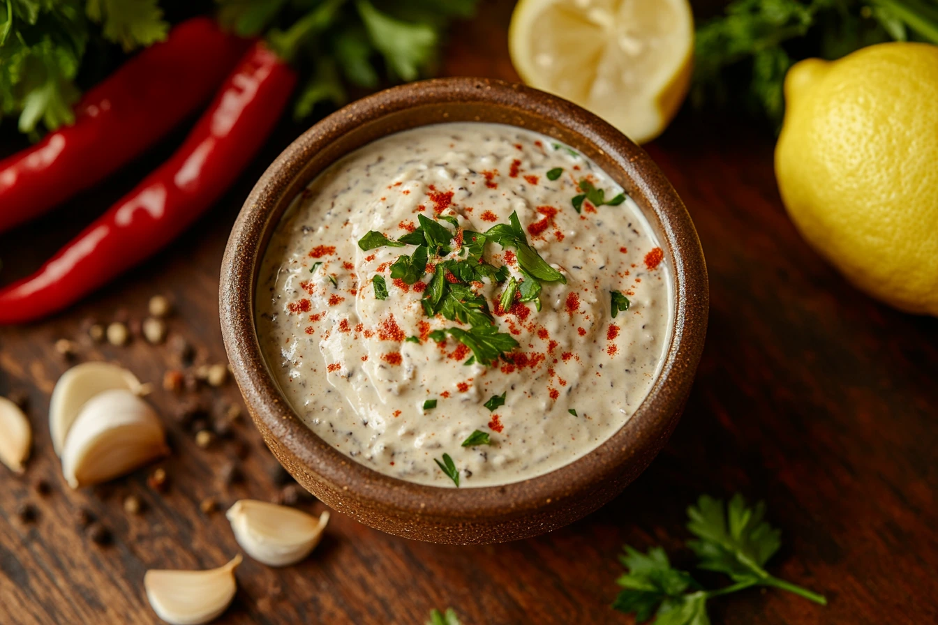 A close-up of Cajun sauce in a rustic bowl on a wooden table, surrounded by paprika, cayenne peppers, garlic cloves, lemon, and parsley.
