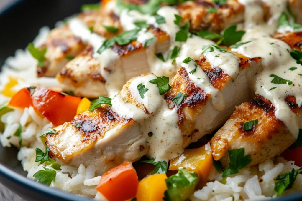 An inviting dinner table spread featuring a steaming chicken and rice casserole, a ladle pouring tomato-based sauce, and colorful vegetable sides.