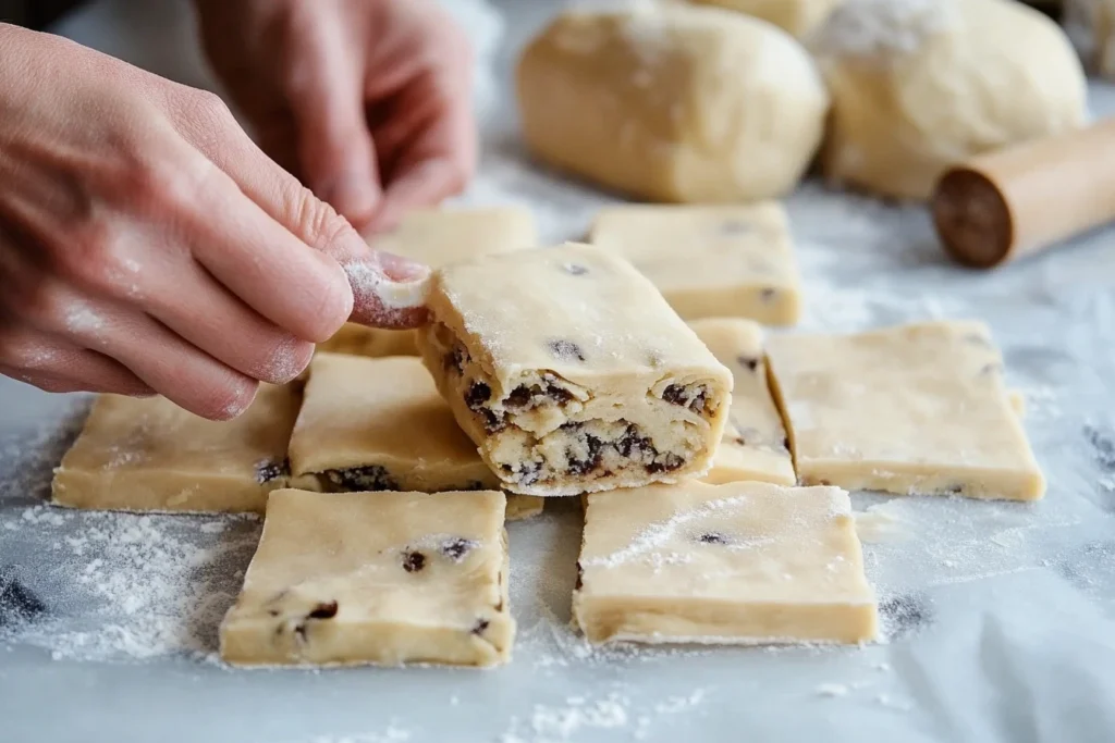 A close-up of hands folding croissant dough over a ball of cookie dough on a floured surface. The dough is cut into neat squares, with a few completed crookies in the background. The cookie dough filling is visible, and a rolling pin rests nearby, emphasizing the assembly process.