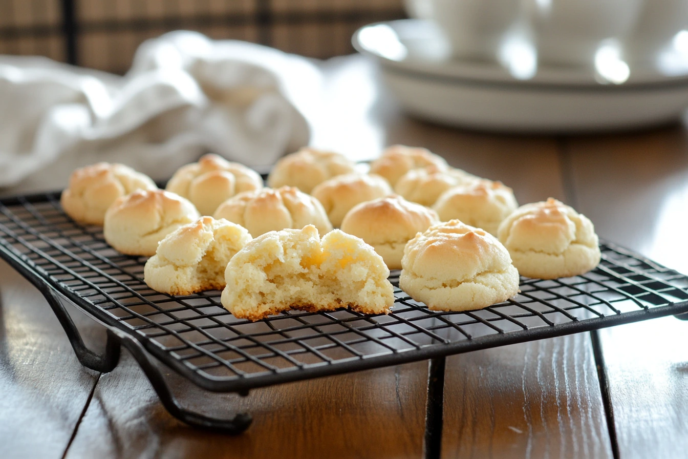 A cooling rack with freshly baked cookies, each broken open to reveal a fluffy, tender interior, styled on a rustic wooden tabletop.