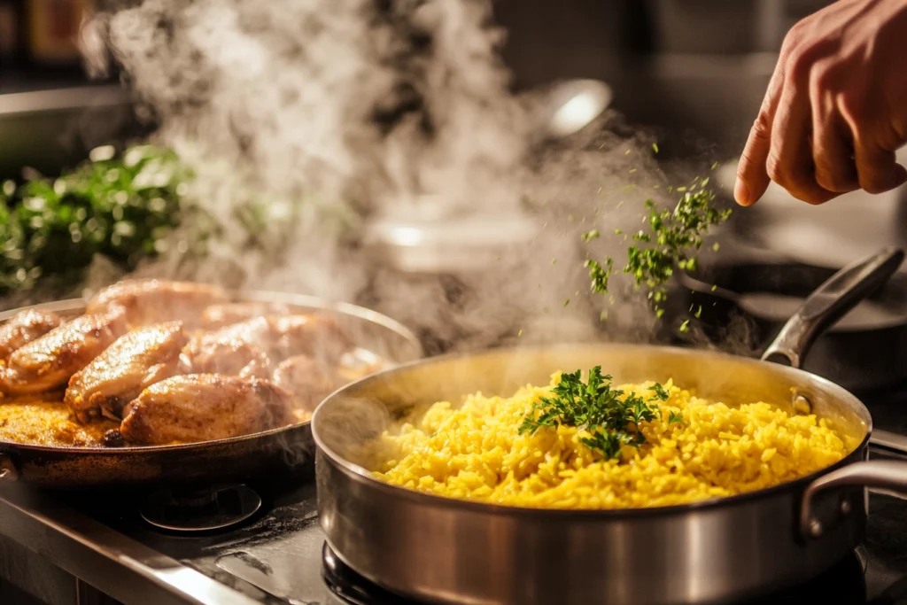 Cooking scene with yellow rice simmering in a pot with turmeric and saffron, and grilled chicken sizzling in a pan, with a hand sprinkling parsley in a warm kitchen setting.
