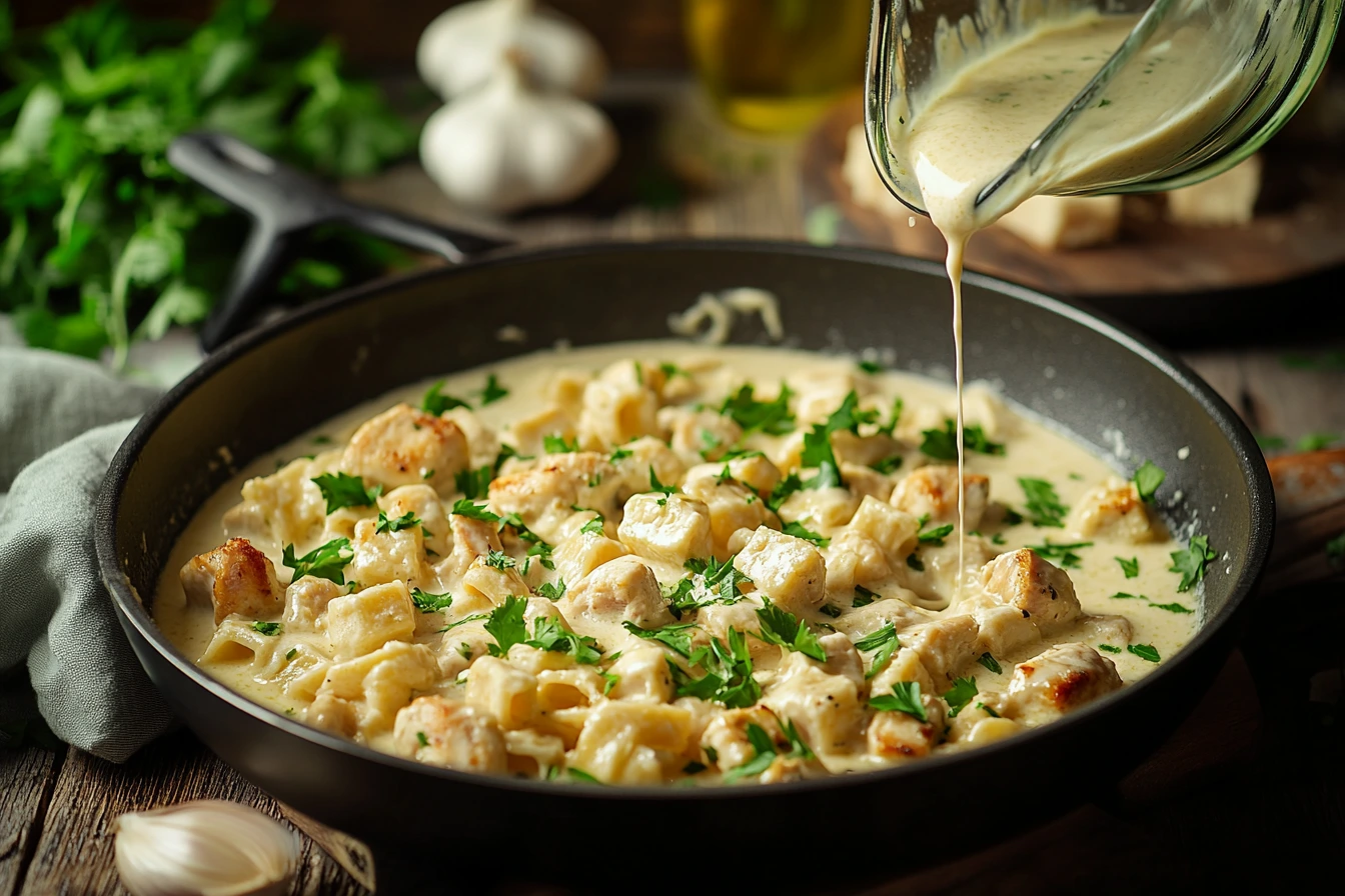 A creamy garlic-Parmesan sauce being poured over cooked pasta and chicken in a large pan, garnished with parsley and ready to serve on a rustic wooden table.