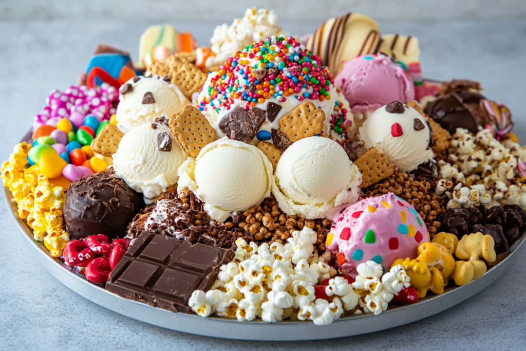 A creative dessert platter featuring frosted animal crackers as a topping on ice cream sundaes, surrounded by other sweets like popcorn, candies, and chocolate. The platter is styled for a children’s party with colorful decorations and festive elements