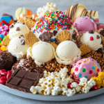 A creative dessert platter featuring frosted animal crackers as a topping on ice cream sundaes, surrounded by other sweets like popcorn, candies, and chocolate. The platter is styled for a children’s party with colorful decorations and festive elements