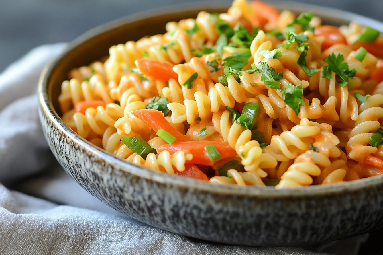 A creative fusion pasta dish with colorful spiral noodles, tossed with spicy Asian-inspired peanut sauce, vegetables like julienned carrots, and green onions, served in a stylish ceramic bowl.