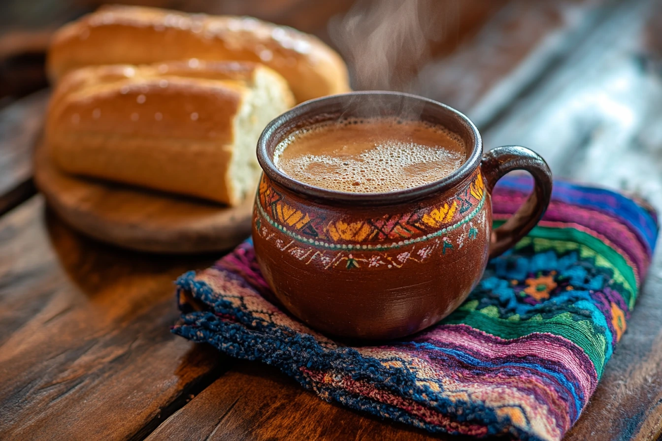 A cup of Café de Olla served in a traditional clay mug, with steam rising, placed on a wooden table alongside pan dulce (Mexican sweet bread), and a colorful Mexican napkin