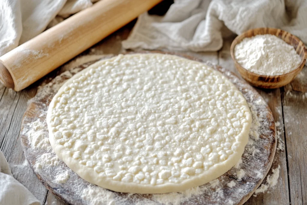 A detailed close-up of a person kneading cottage cheese flatbread dough on a clean, lightly floured surface. The dough appears smooth and elastic, with visible grains of flour. A rolling pin, a small bowl of flour, and a kitchen towel are visible in the background on a rustic wooden countertop.