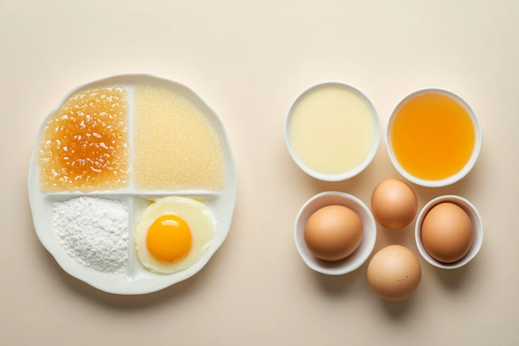 Essential ingredients for crème brûlée, including eggs, sugar, cream, and vanilla, neatly arranged on a plate and small bowls