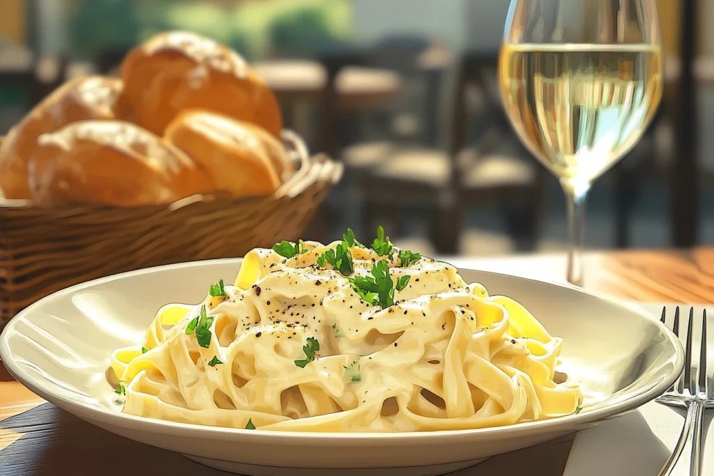 A freshly served plate of creamy fettuccine Alfredo, topped with parsley and cracked black pepper, with a breadbasket and a glass in the blurred background.