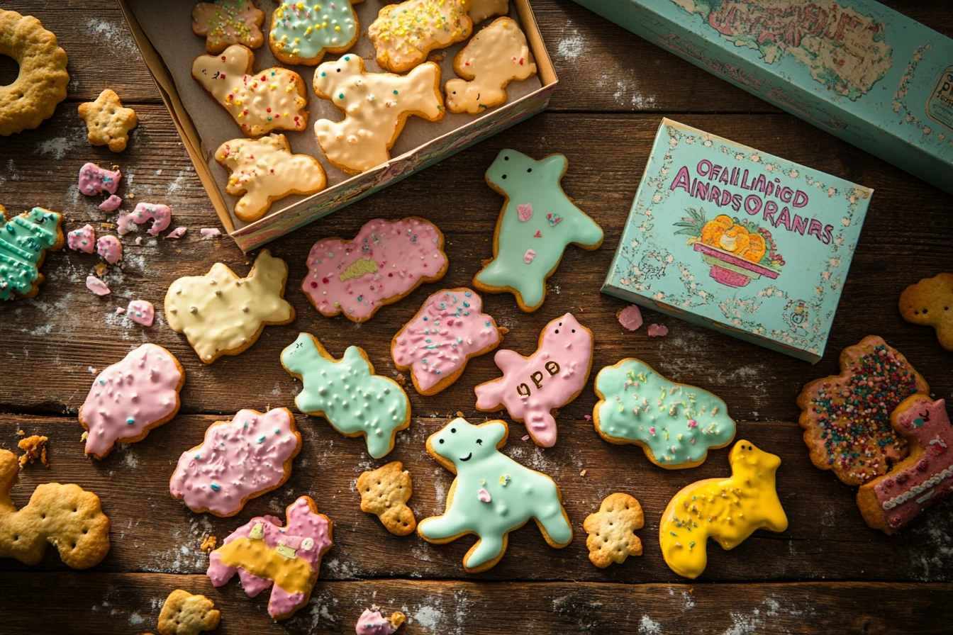A nostalgic image of frosted animal crackers displayed on a rustic wooden table, surrounded by a colorful assortment of cookies in various animal shapes, bright pastel frosting, and a vintage-style cookie box labeled 'Original Frosted Animal Crackers.