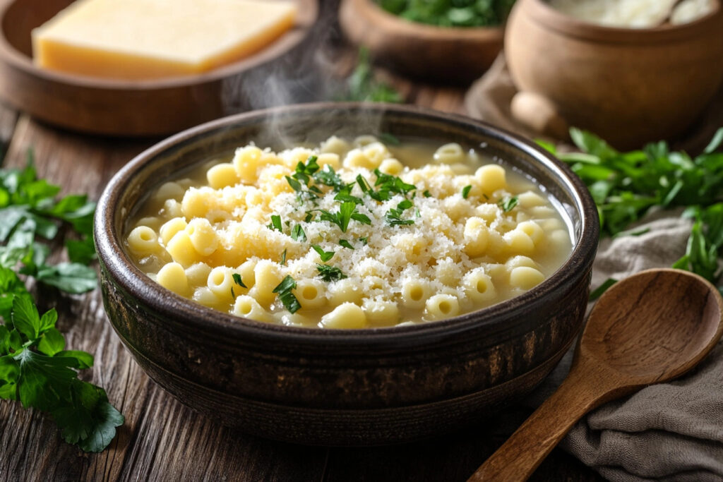 Cooked ditalini pasta next to a steaming soup bowl in an Italian kitchen setting.