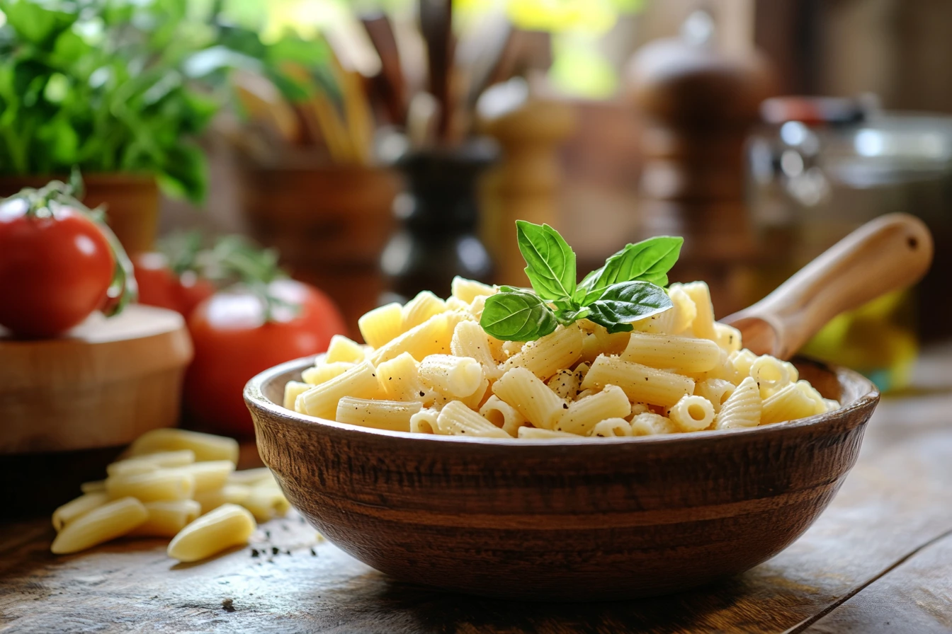 Bowl of cooked ditalini pasta with fresh herbs in a rustic kitchen.