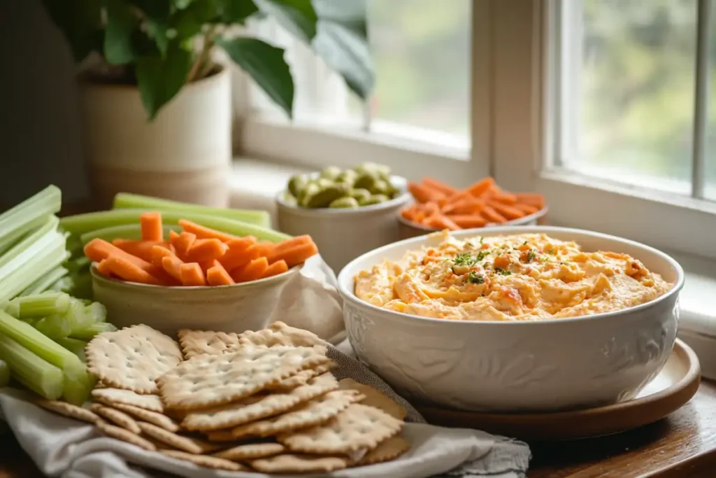 A vibrant spread showcasing Palmetto Cheese and pimento cheese with crackers and vegetables.