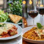 A side-by-side comparison of Chicken Parmigiana and Chicken Parmesan: one dish plated with a crisp salad and garlic bread, the other served with spaghetti and a wine glass, in a cozy dining atmosphere