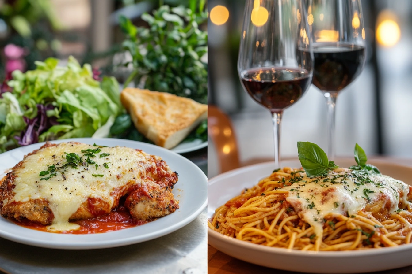 A side-by-side comparison of Chicken Parmigiana and Chicken Parmesan: one dish plated with a crisp salad and garlic bread, the other served with spaghetti and a wine glass, in a cozy dining atmosphere