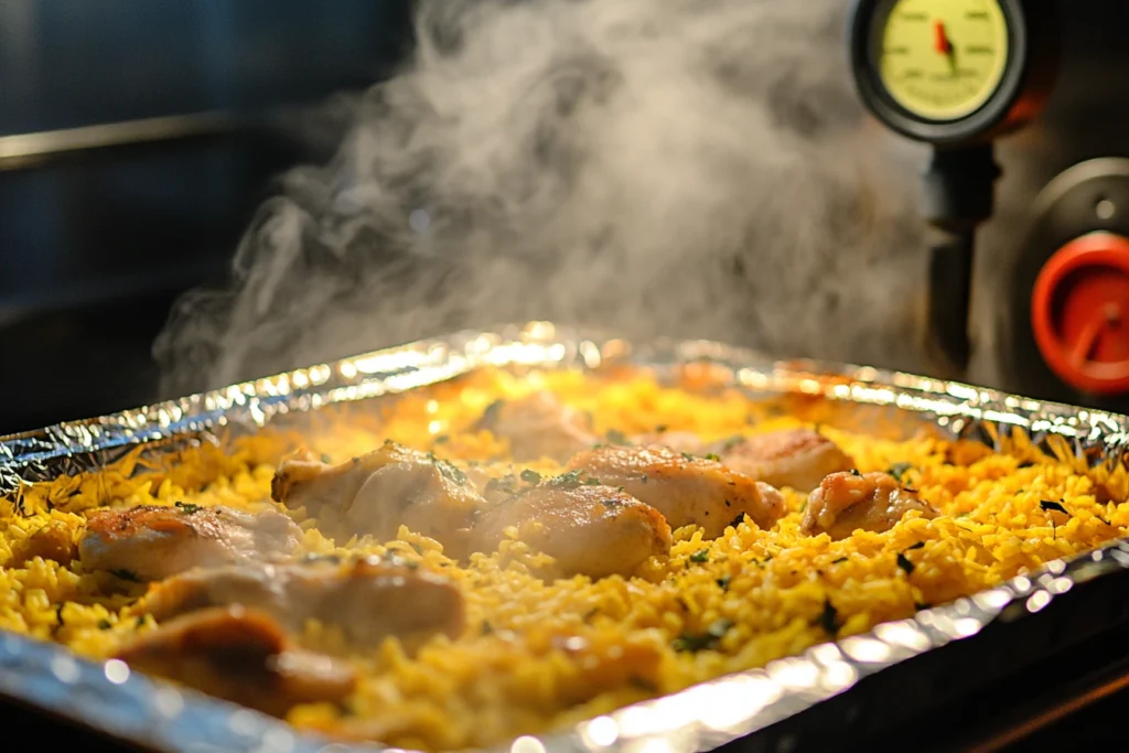 A step-by-step scene of chicken and yellow rice being reheated in an oven, with a baking tray lined with foil, showing steam rising, an oven thermometer in view, and the dish turning golden brown.