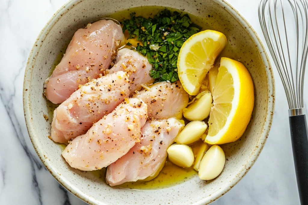 A step-by-step visual of marinating chicken pieces in a bowl, with ingredients like olive oil, lemon wedges, garlic cloves, and a whisk.