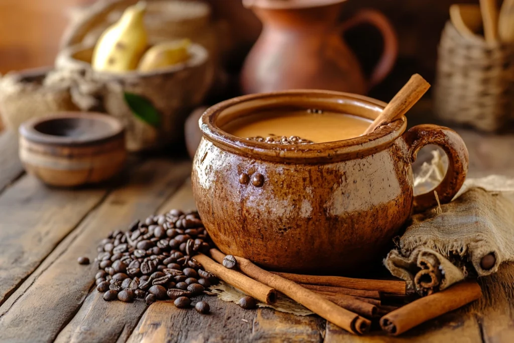 A traditional Mexican Café de Olla served in a rustic clay pot, surrounded by piloncillo, cinnamon sticks, and coffee beans, set on a wooden table in a cozy kitchen, warm lighting highlighting its authenticity