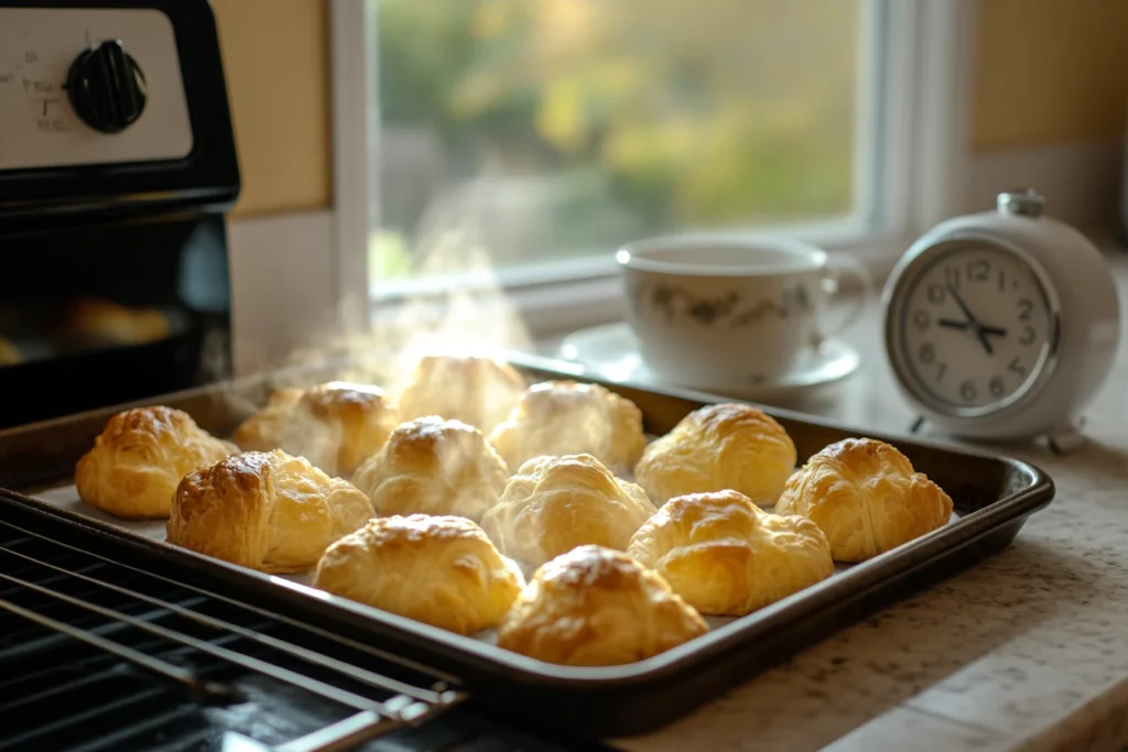 A tray of golden-brown crookies fresh out of the oven, their flaky croissant layers puffed up and slightly cracked, revealing gooey cookie filling. Steam rises gently, with a cooling rack and a cup of coffee nearby for a cozy kitchen vibe. With a clock on the side I set the time.
