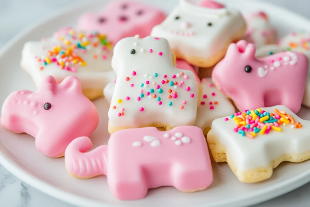 A vibrant close-up of frosted animal crackers on a white plate, showcasing their colorful sprinkles, smooth frosting layers in pink and white, and charming animal shapes. Bright lighting emphasizes the textures and cheerful appeal of the cookies.