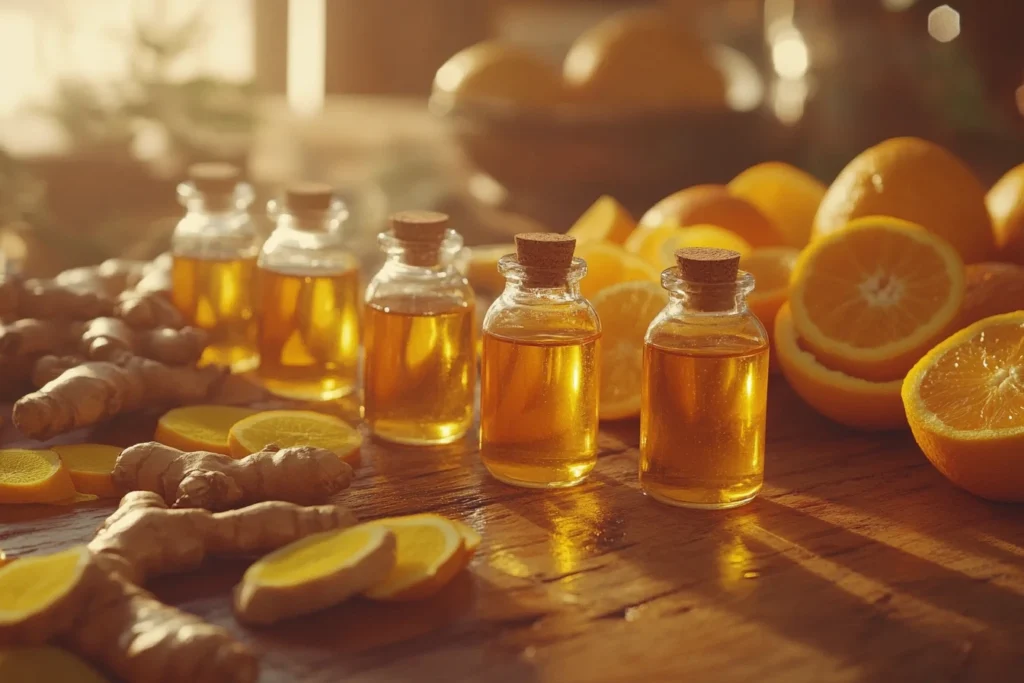 Bottles of homemade immunity shots surrounded by fresh ingredients like ginger, turmeric, lemons, and oranges.