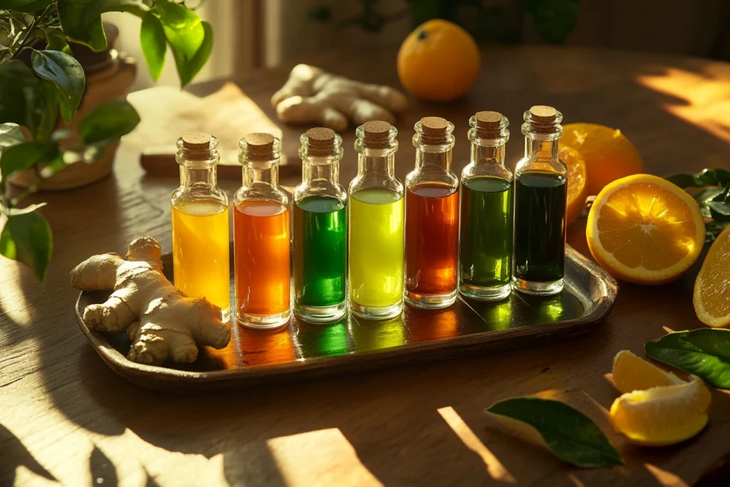 Vibrant immunity-boosting shots with fresh ingredients.