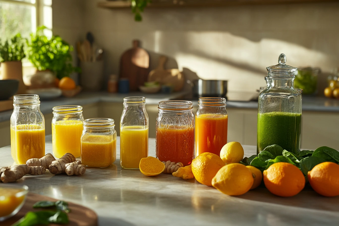 Fresh ingredients and homemade immunity drinks on a kitchen counter.