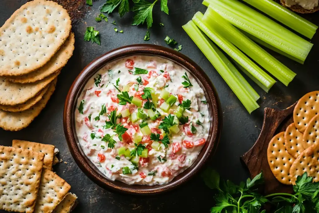 Homemade pimento cheese served in a bowl with crackers and vegetables.