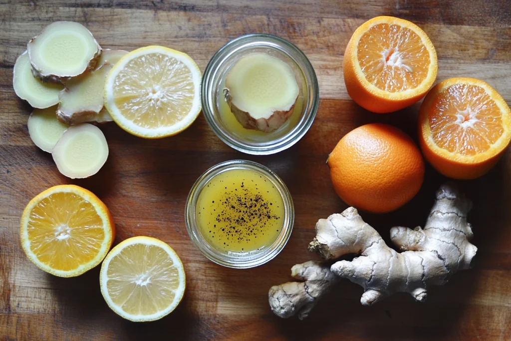 Fresh immunity shot ingredients with a vibrant golden drink.