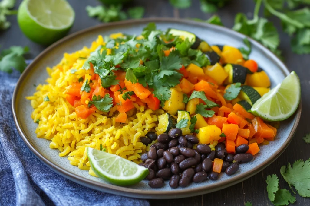 A vibrant vegetarian meal featuring yellow rice, black beans, and sautéed vegetables such as bell peppers, zucchini, and carrots, arranged on a modern plate with garnishes of fresh herbs and lime wedges.
