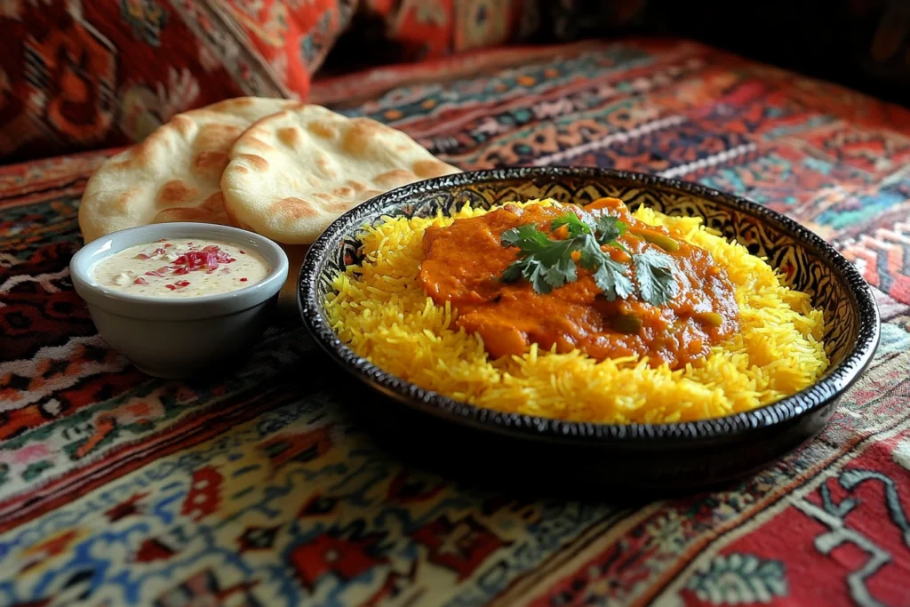 An artistic presentation of yellow rice served with a rich Indian curry, complemented by naan bread and a small bowl of raita, set against an ornate backdrop of traditional Indian patterns and colors.