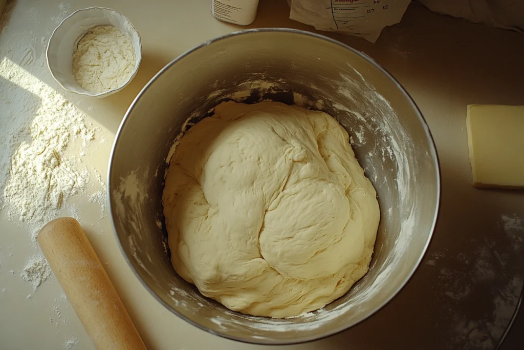An overhead view of a kitchen countertop showing a large mixing bowl with smooth croissant dough, a rolling pin, and a dusting of flour. In the background, a stick of butter is placed next to a measuring cup of flour and a small bowl of yeast mixture, illustrating the initial preparation step.