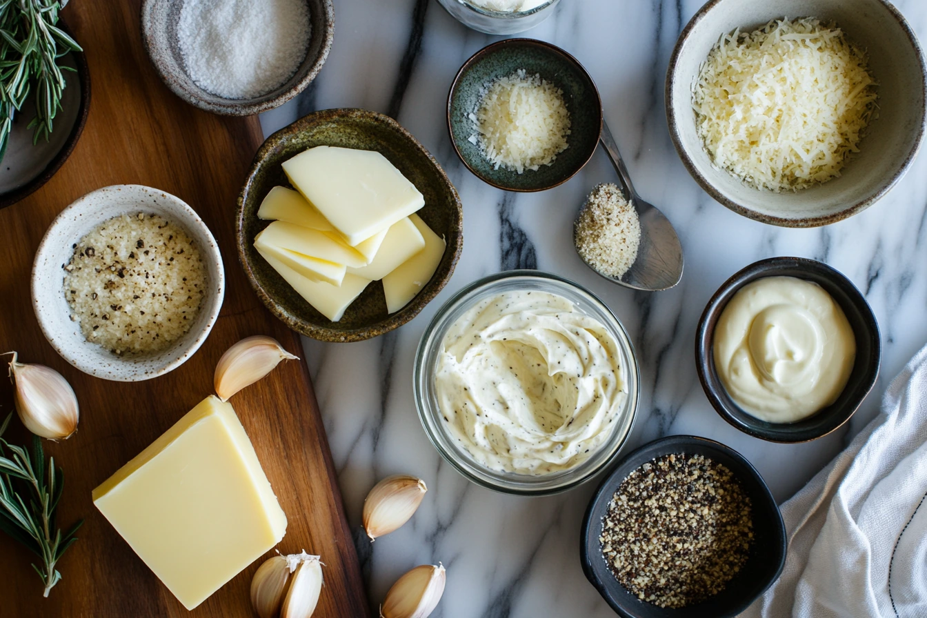 An overhead view of a kitchen workspace showing ingredients for both Alfredo and garlic parmesan sauces: butter, cream, Parmesan cheese, garlic cloves, and seasonings. Each ingredient is neatly arranged with small labels for identification." These prompts ensure clear visual representation of the sauces while making them appealing and relevant for the article.