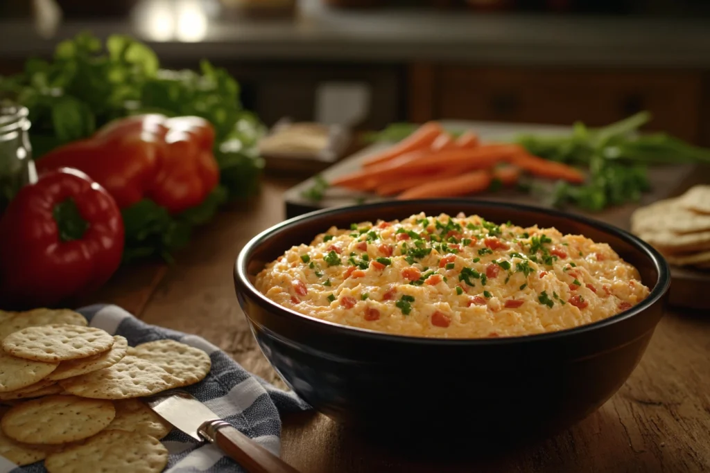 Rustic bowl of old fashioned pimento cheese with crackers.